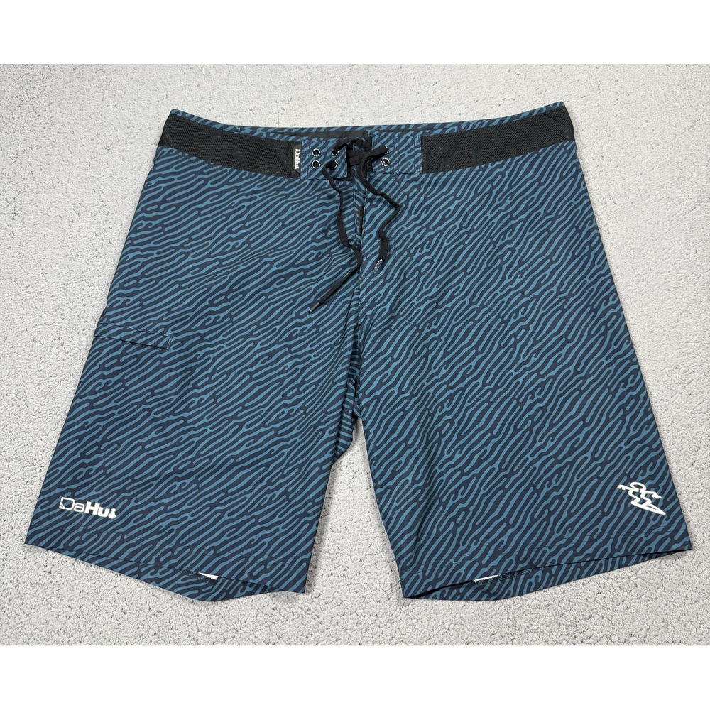DaHui Board Shorts Mens 38 Blue Geometric Surf Swim Trunks Drawstring Stretch